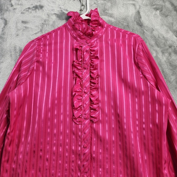 Vintage JCPenney Top Womens 18 Pink Striped Satin Ruffled High Neck Long Sleeves - Picture 2 of 10